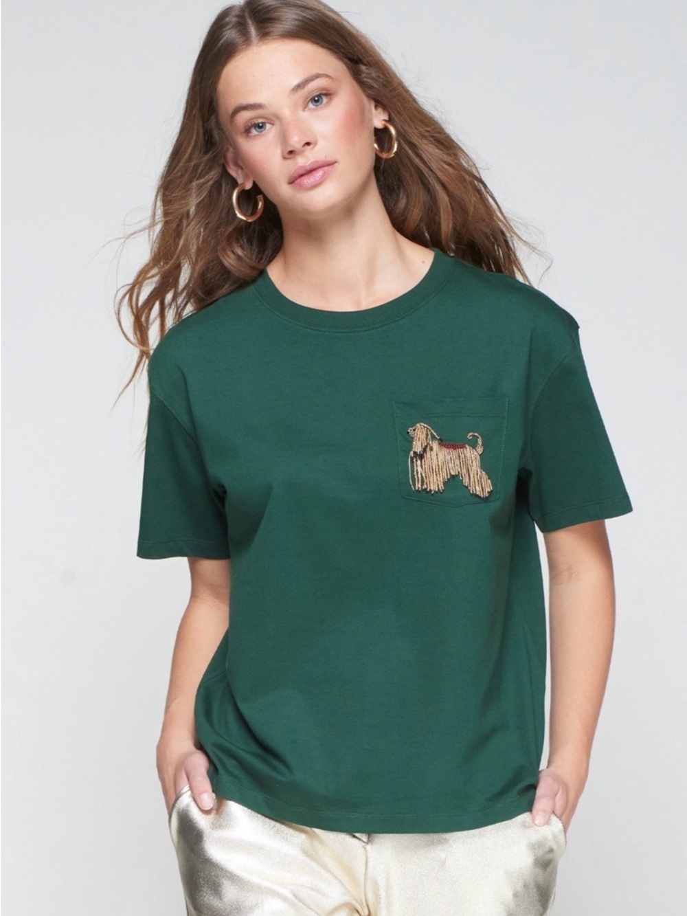 Vilagallo Green Fringe Dog Tee Beaded Pocket T-Shirt Cotton M NWT